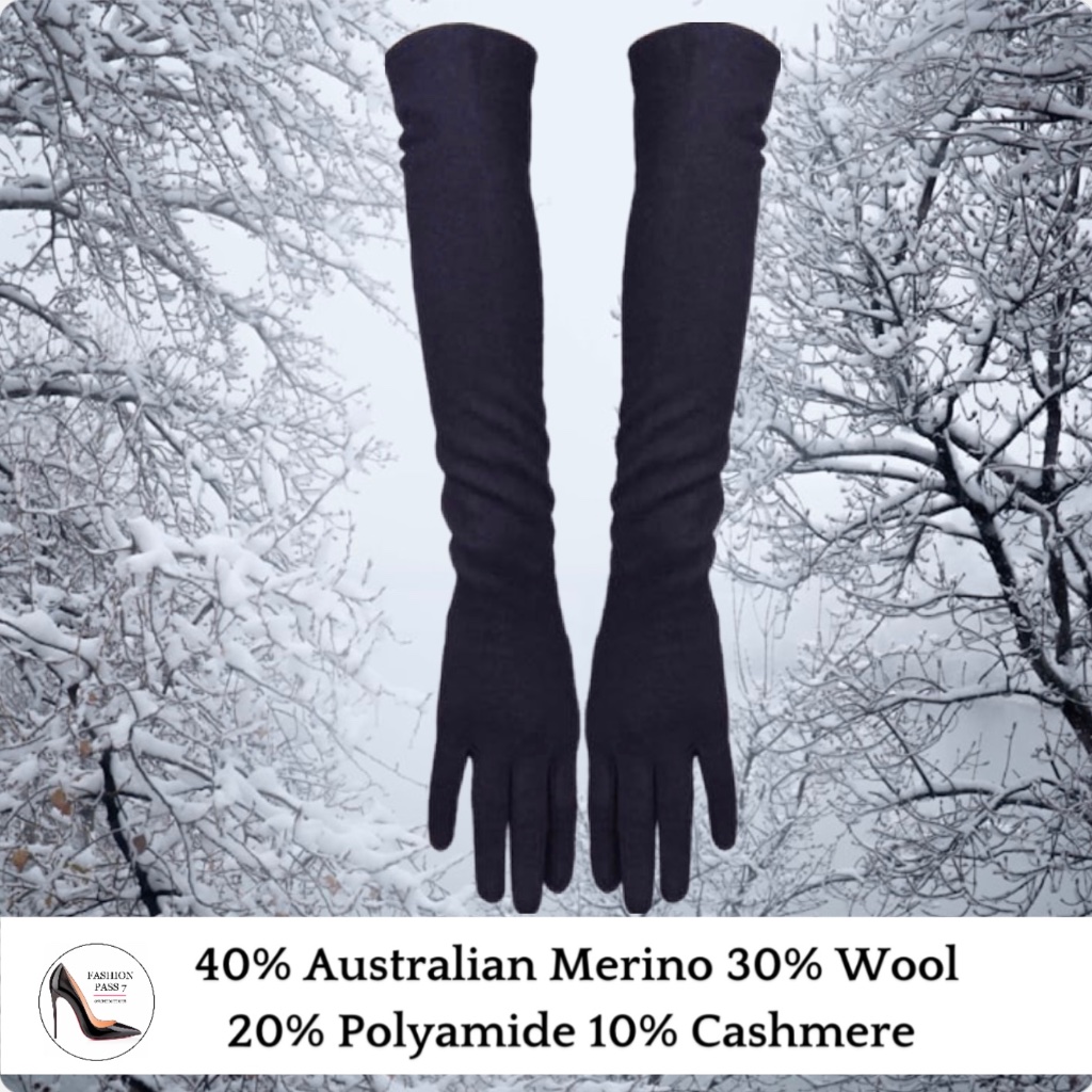 Long Cashmere Merino Wool Gloves Classical Black Opera Driving Winter Warm Glove